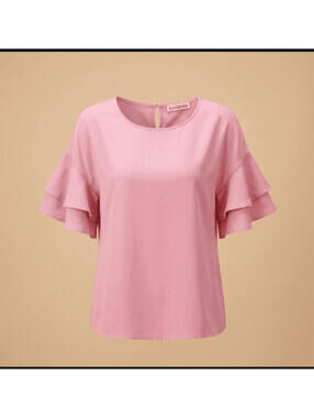 Luvamia Women Pink Tiered Bell Sleeve Blouse XL Keyhole Back Romantic Coquette